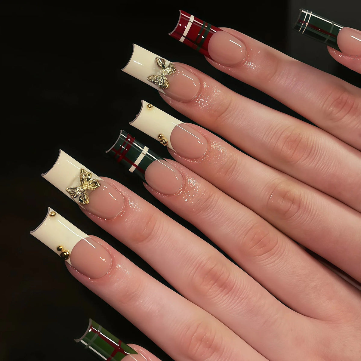 Nude Pink French Tip Nails with Plaid, Ivory Tips and Gold Butterfly Charms