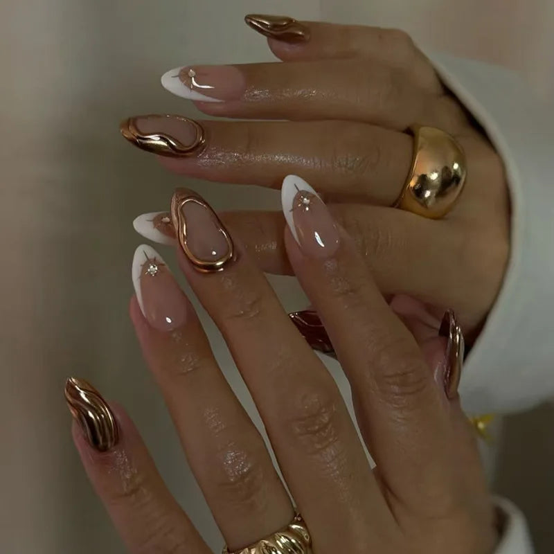 Nude Pink French Tip Nails With Raised Gold Chrome Swirls