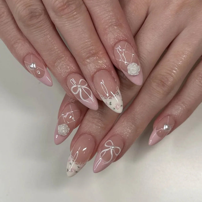 Nude Pink French Tip Press On Nails with White Bows and Floral Accents
