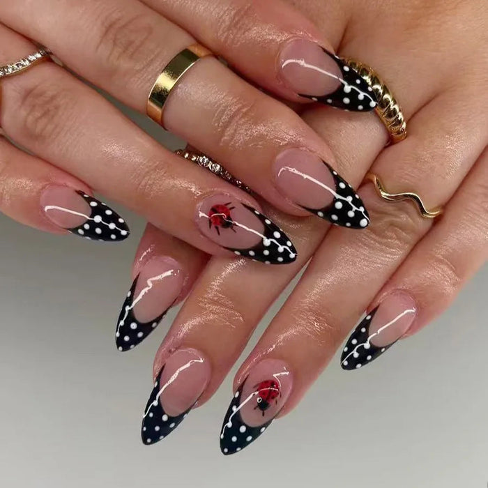 Nude Pink French Tip Press On Nails with White Polka Dots and Red Ladybug Accents