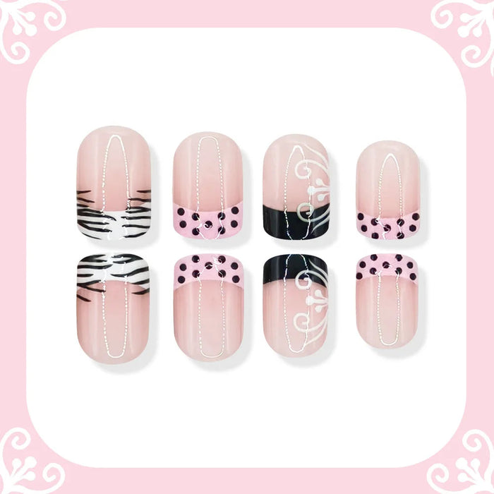 Nude Pink French Tip Press On Nails with Zebra Stripes, Polka Dots and Scrollwork