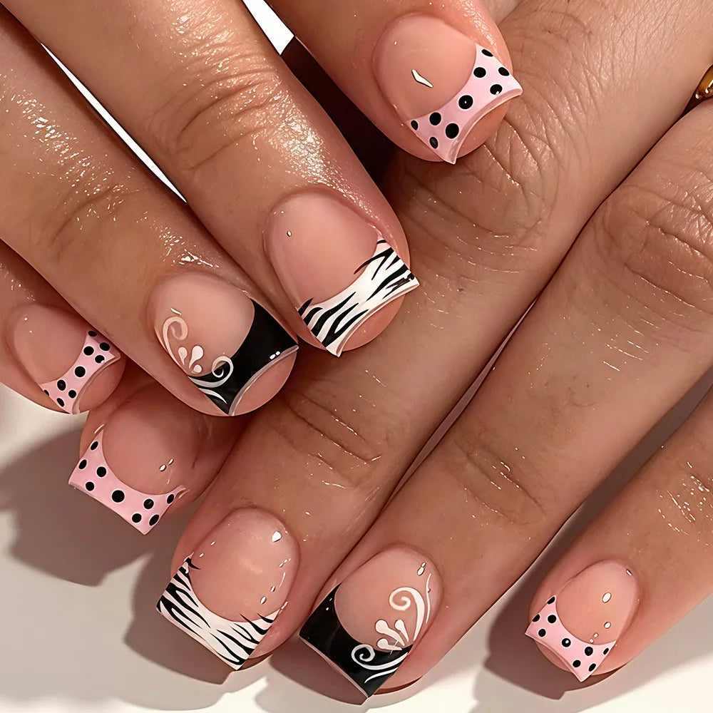 Nude Pink French Tip Nails with Zebra Stripes, Polka Dots and Scrollwork