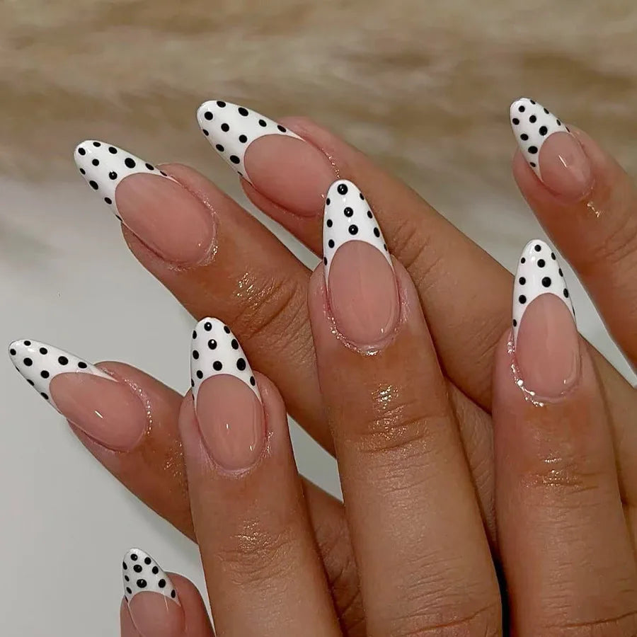 Nude-Pink French Tip Press-On Nails with Black Polka Dots