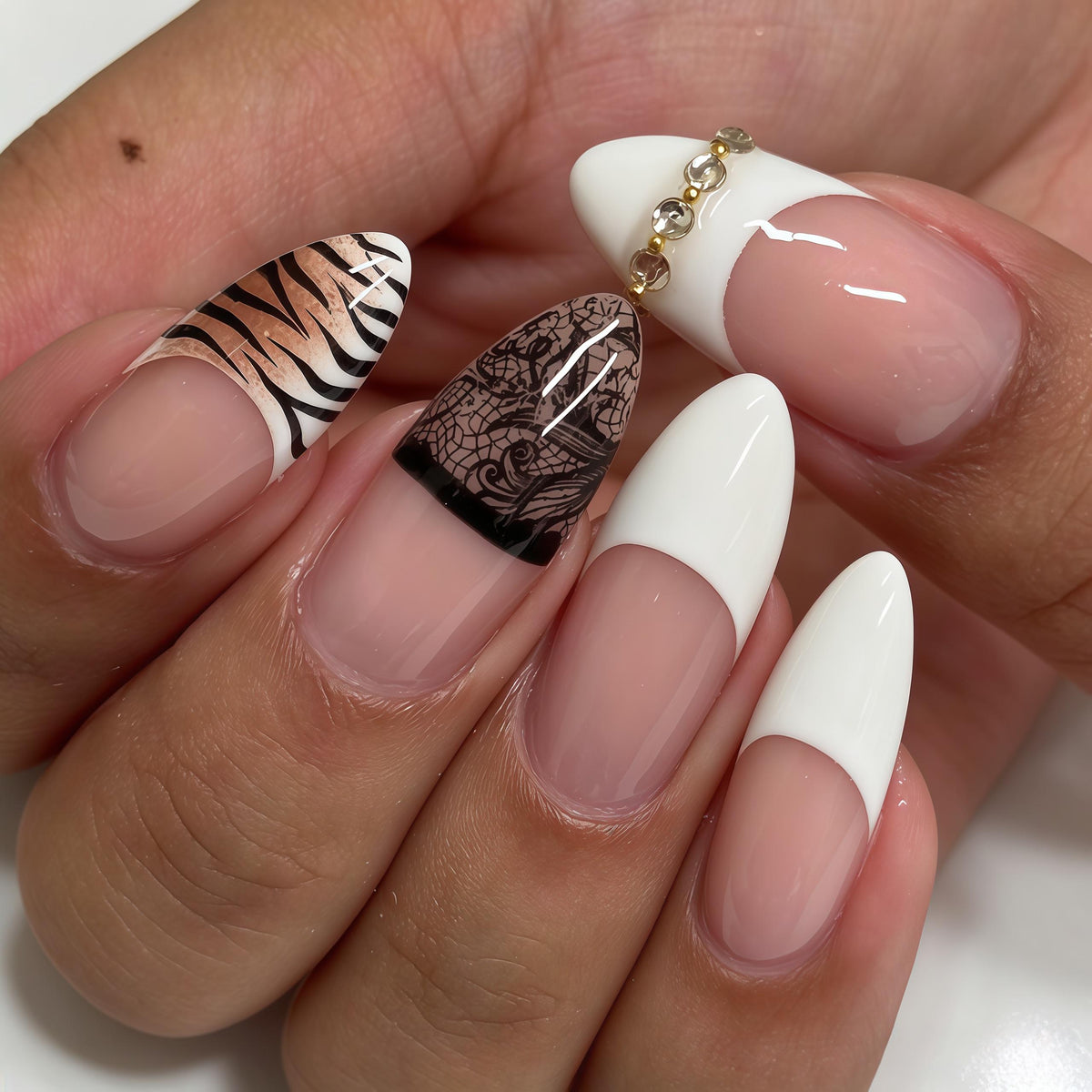 Nude Pink French Tip Press-On Nails with Black Tiger Stripes and Lace
