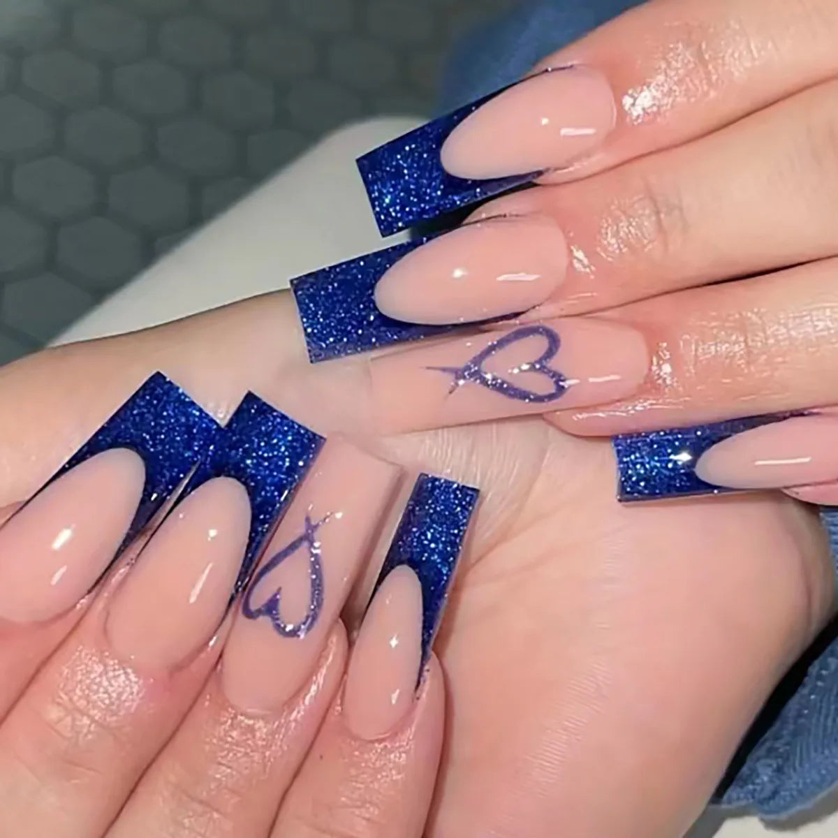 Nude Pink French Tip Press On Nails with Navy Glitter and Heart Outline
