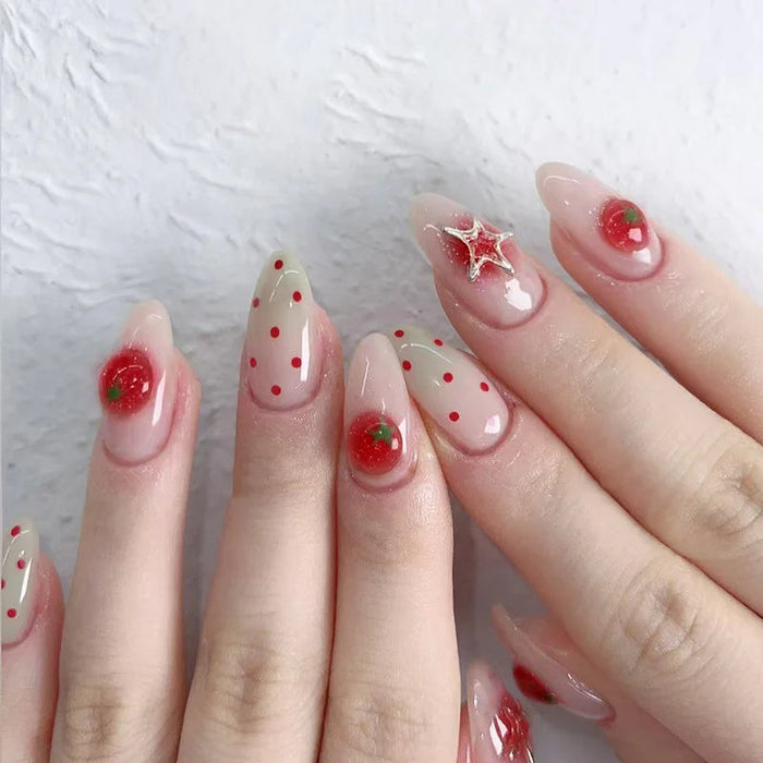 Nude Pink French Tip Press On Nails With Red Dots, Tomato Accents & Star Charm