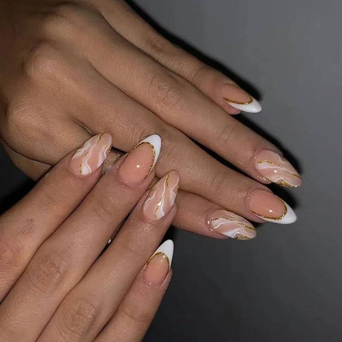 Nude Pink French Tip Press On Nails With White Marble Swirls and Gold Edging