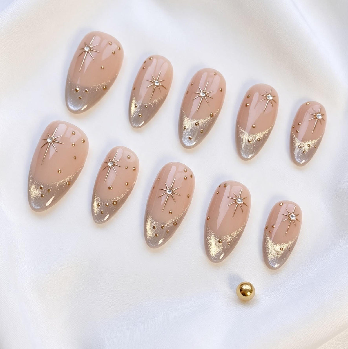 Nude Pink Gold Starburst French Tip Nail Set