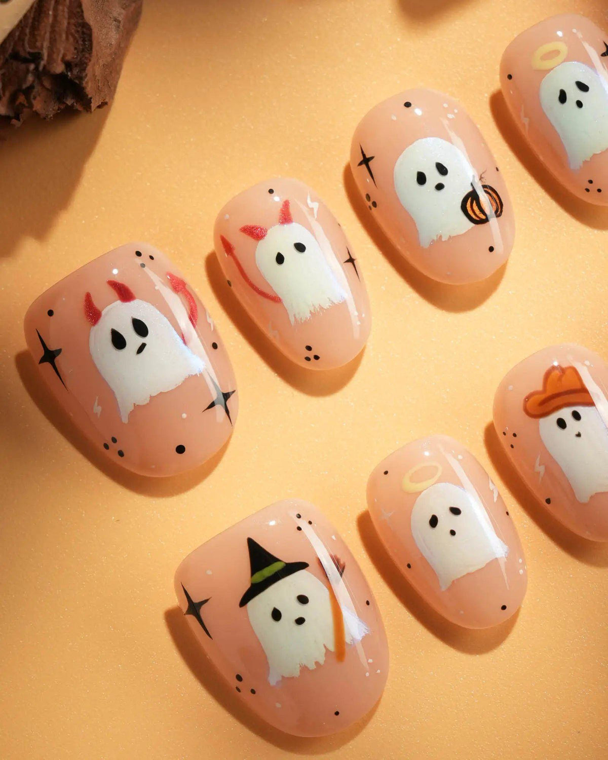 Nude Pink Halloween Ghost Press On Nails With Colorful Hats and Spooky Details
