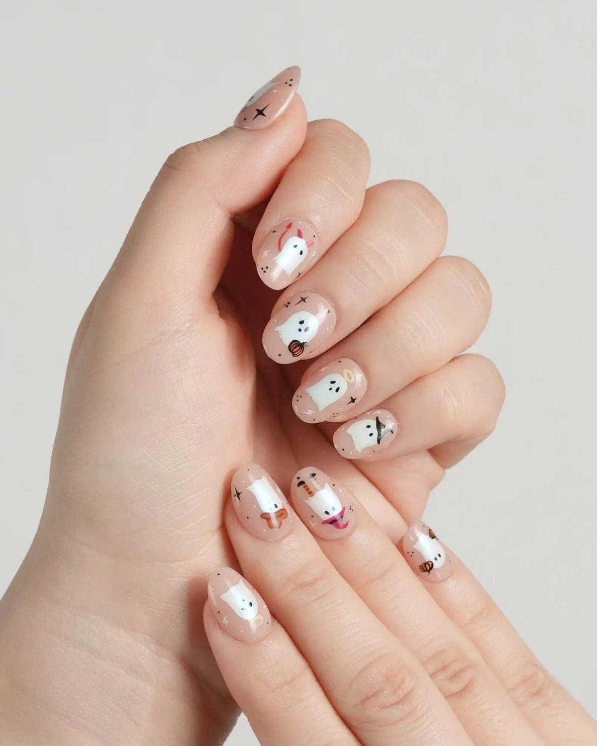 Nude Pink Halloween Ghost Press On Nails With Colorful Hats and Spooky Details