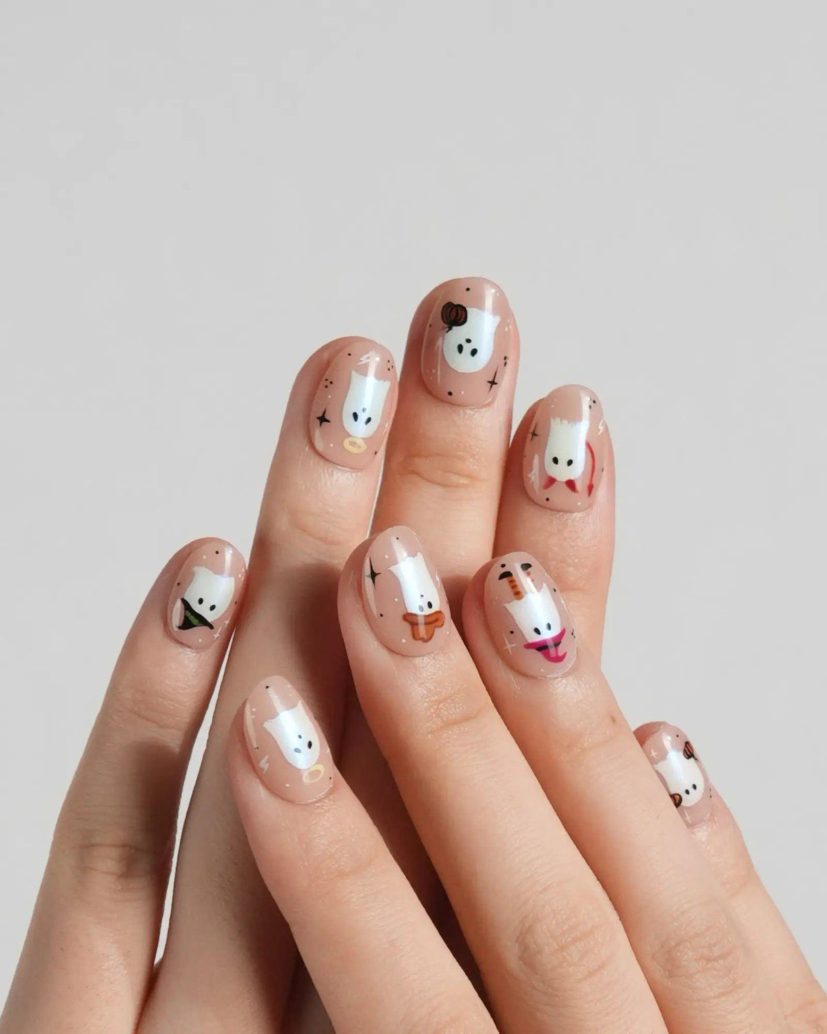 Nude Pink Halloween Ghost Press On Nails With Colorful Hats and Spooky Details