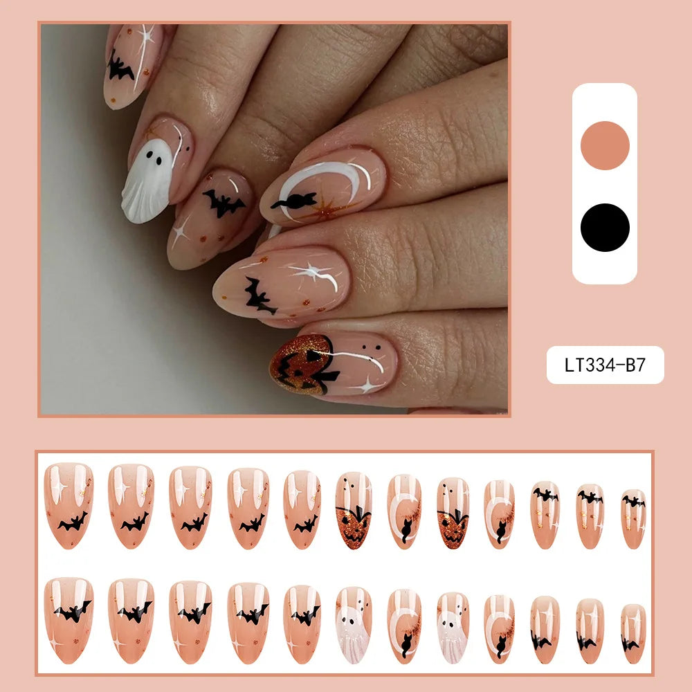 Nude Pink Halloween Press On Nails with Ghosts, Bats and Pumpkin Accents
