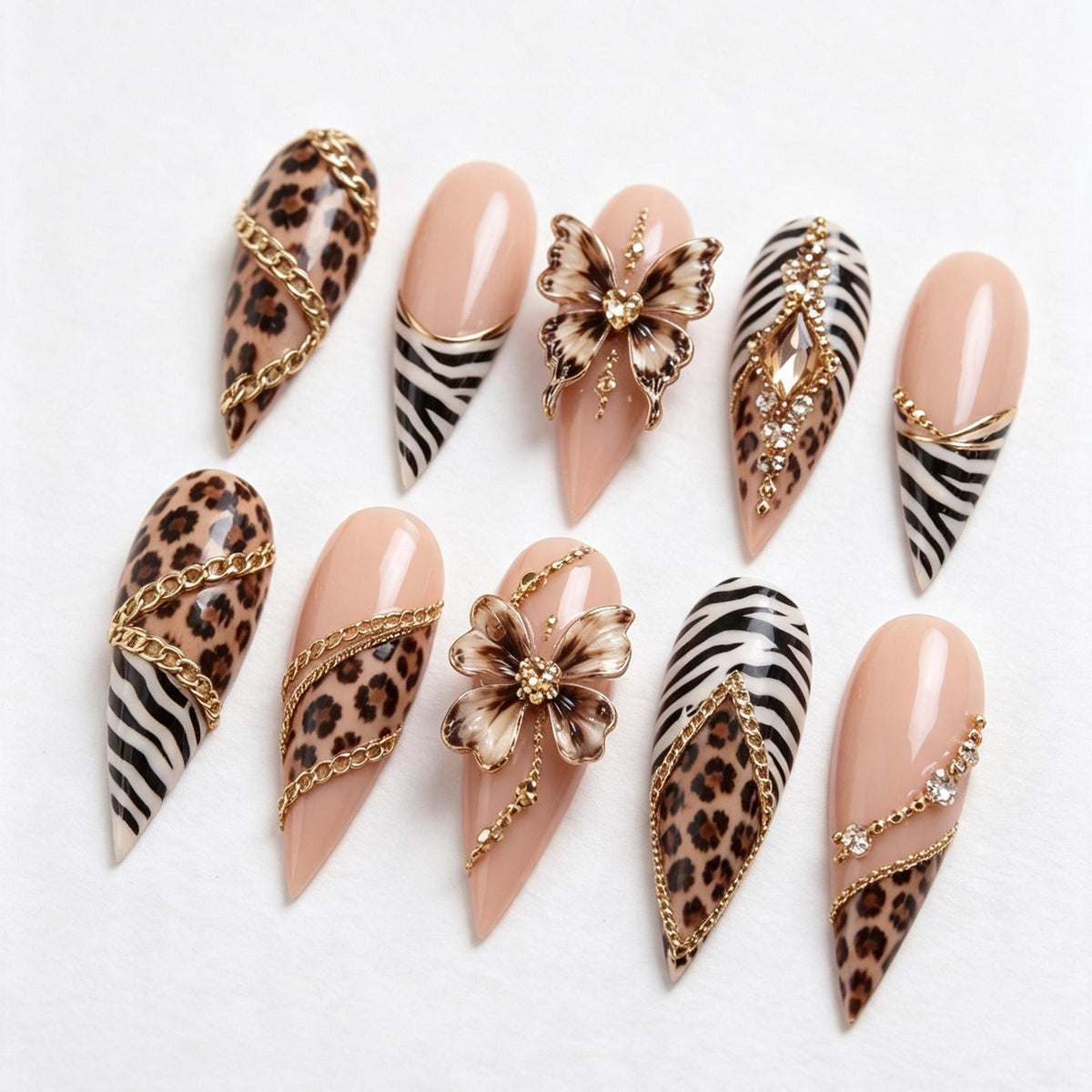 Nude Pink Leopard and Zebra Print Nails with Gold Chains and 3D Floral Accents