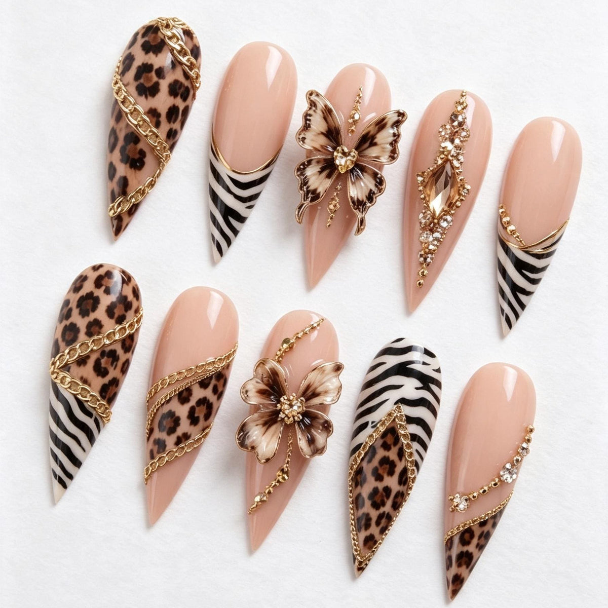 Nude Pink Leopard and Zebra Print Nails with Gold Chains and 3D Floral Accents