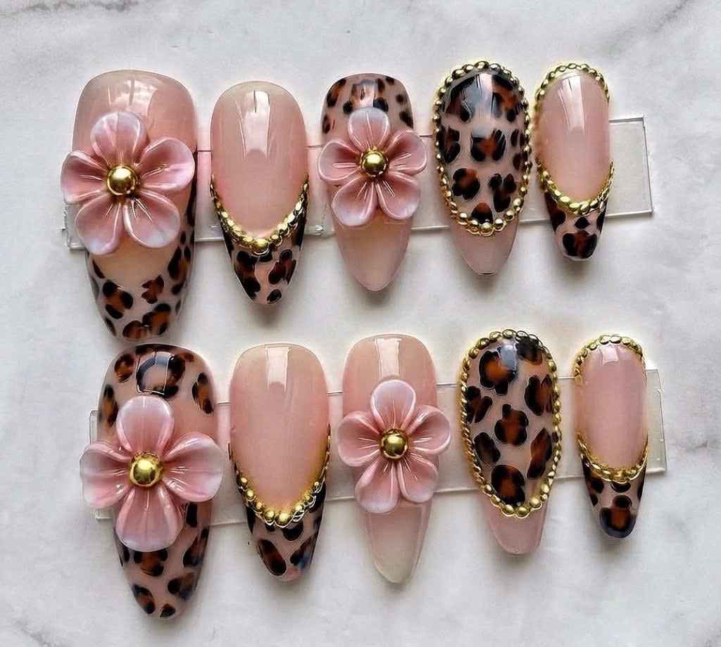 Nude Pink Leopard Print Press On Nails with 3D Flowers and Gold Bead Trim