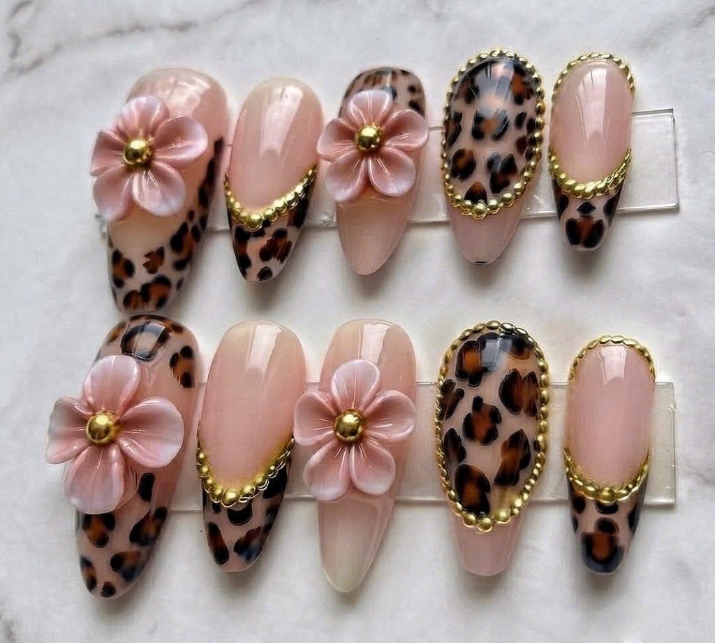 Nude Pink Leopard Print Press On Nails with 3D Flowers and Gold Bead Trim