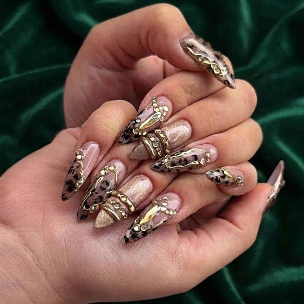 Nude Pink Leopard Print Press On Nails with Gold-Tone Details and Rhinestones