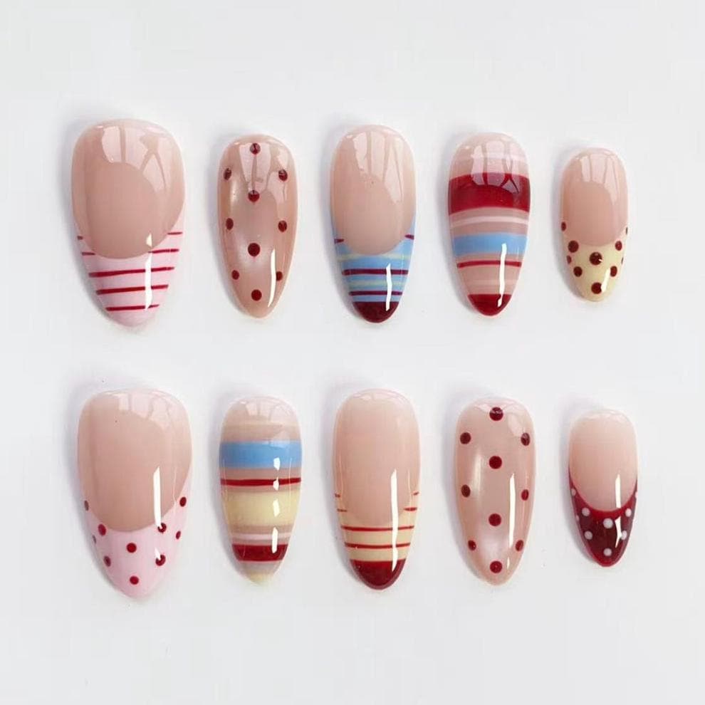 Nude Pink Nails with Burgundy Polka Dots and Colorful Stripes