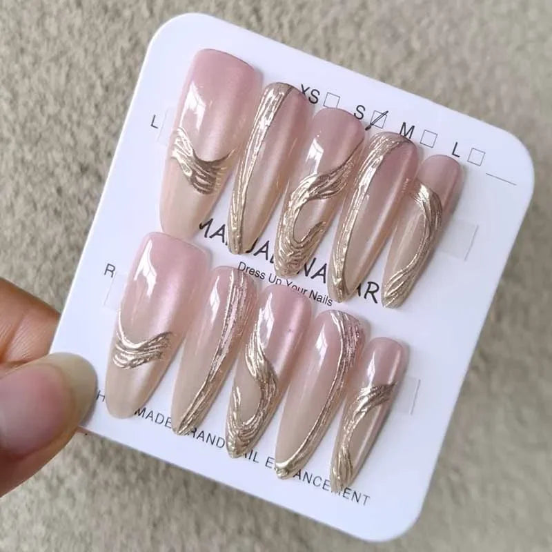 Nude Pink Nails with Gold Chrome Wave Accents