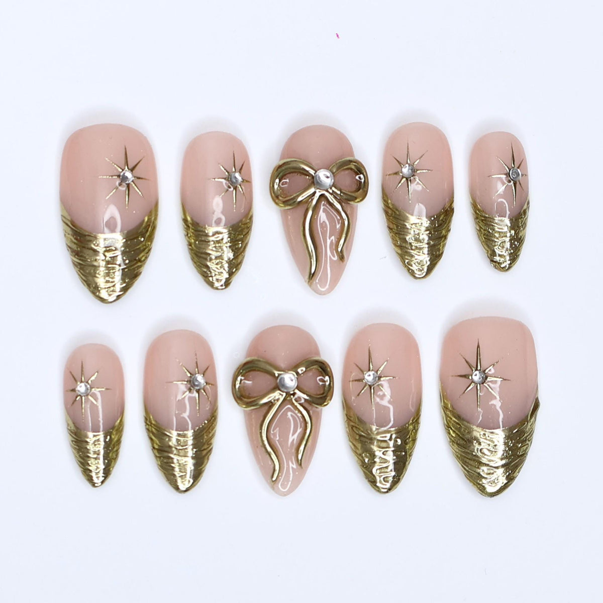 Nude Pink Nails with Textured Gold French Tips, Starbursts & 3D Bows