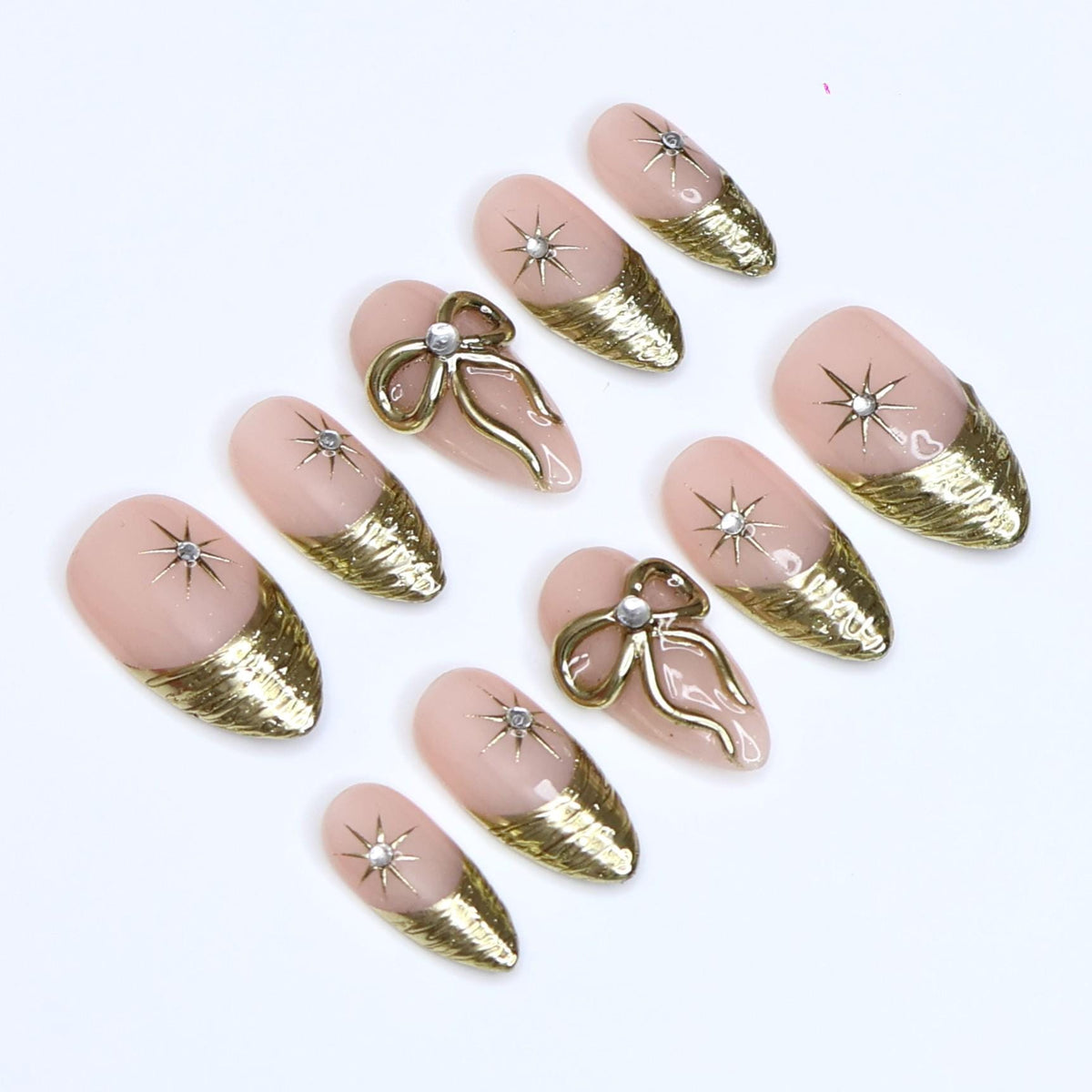 Nude Pink Nails with Textured Gold French Tips, Starbursts & 3D Bows
