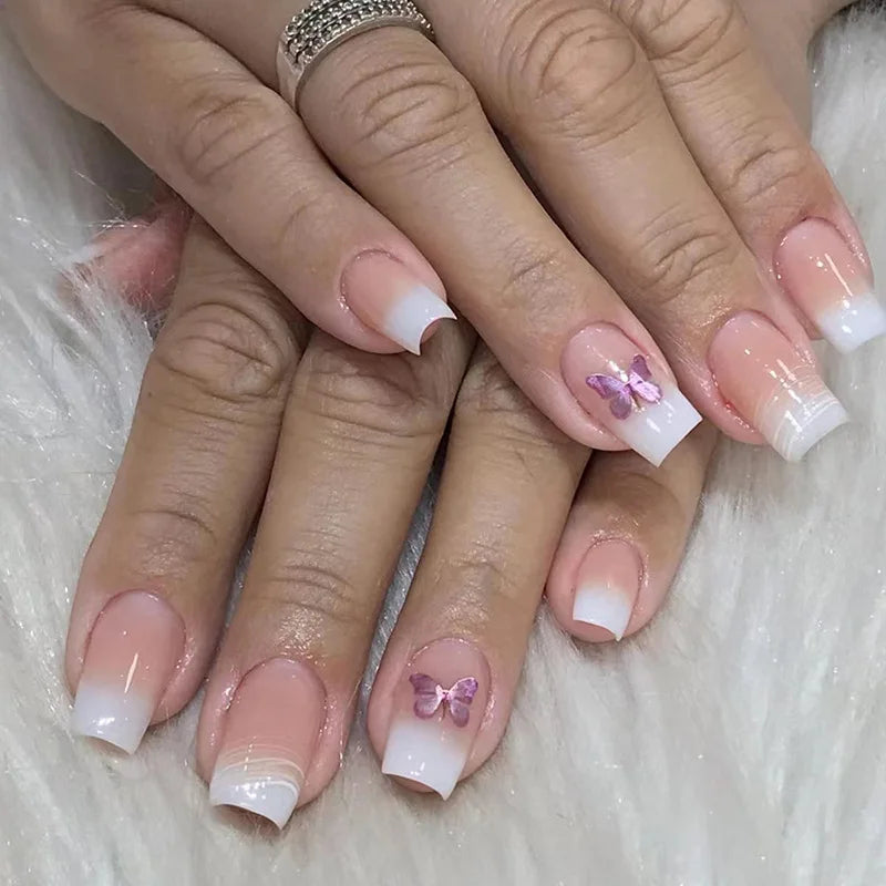 Nude Pink Ombre French Tip Nails With Purple Butterflies