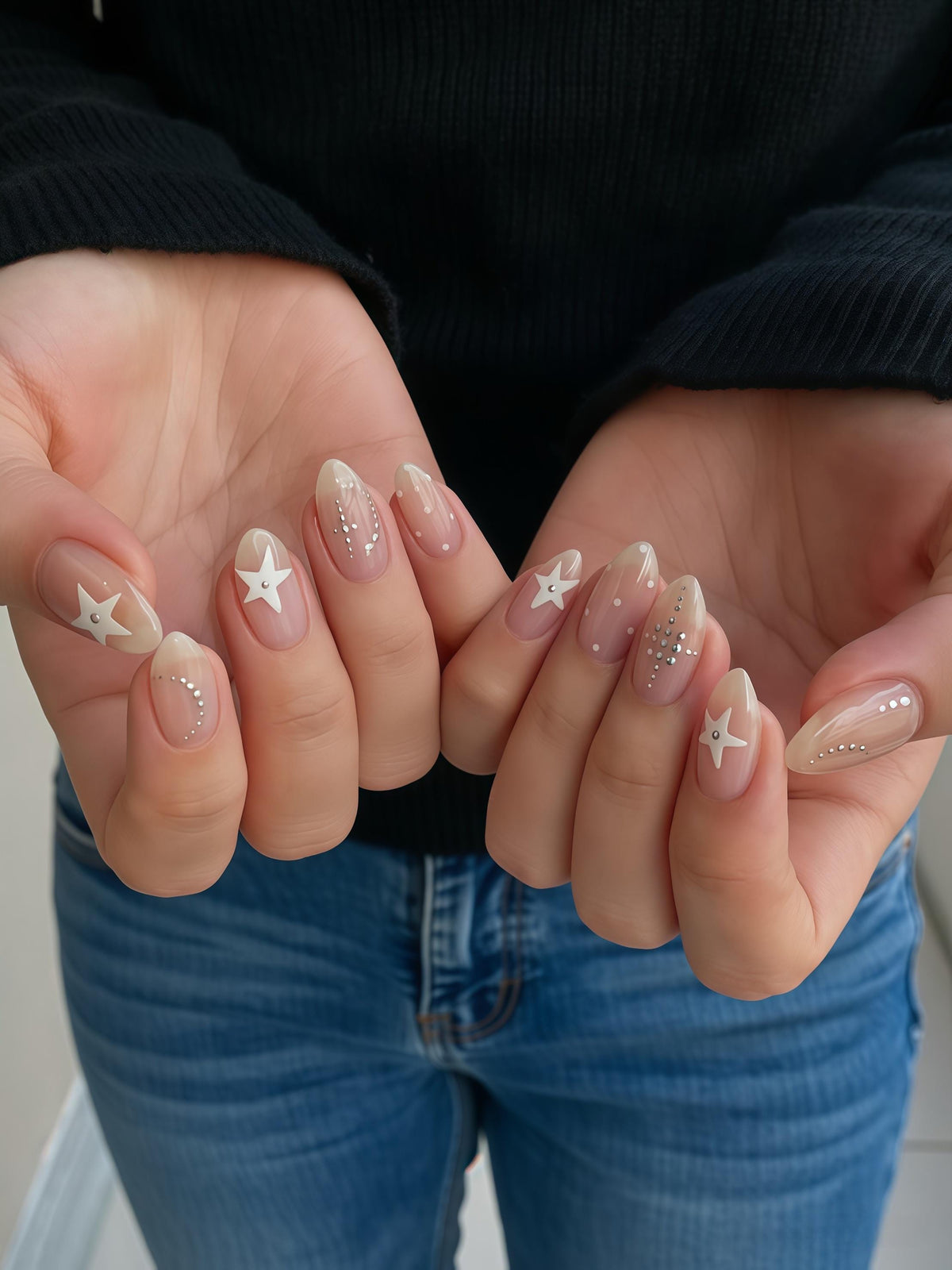 Nude Pink Ombré Press On Nails with White Stars and Silver Accents