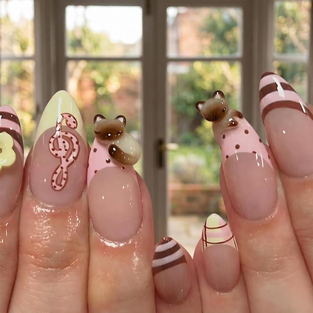 Nude Pink Plaid French Tip Nails With 3D Kitten Charms, Flower And Music Notes