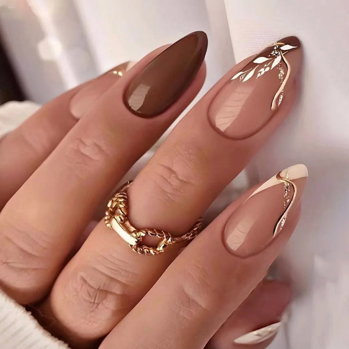 Nude Pink Press On Nails with Brown Accent and Gold Leaf Linework