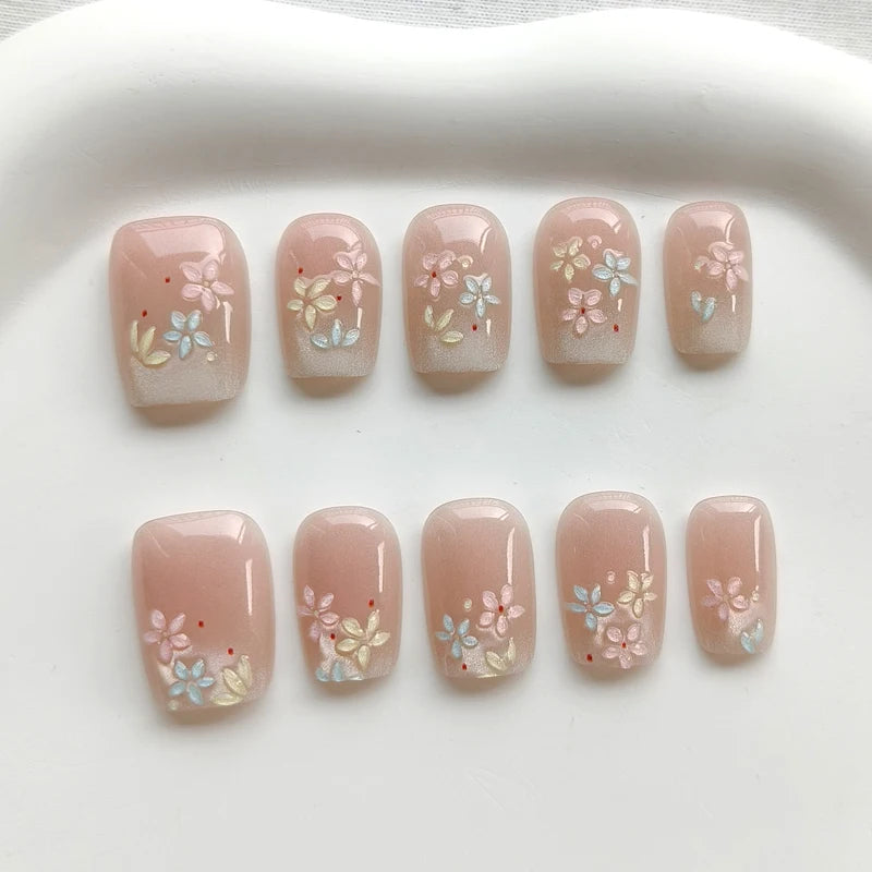 Nude Pink Press On Nails With Pastel Floral Details