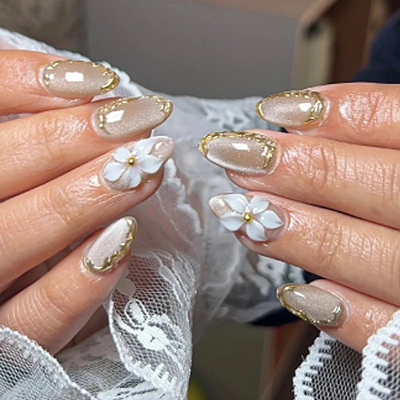 Nude Pink Press On Nails with White 3D Flowers and Gold Edging