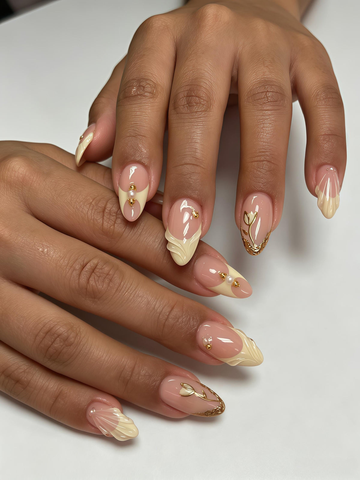 Nude Pink Shell French Tip Press On Nails with Sculpted Ivory Details and Gold Accents