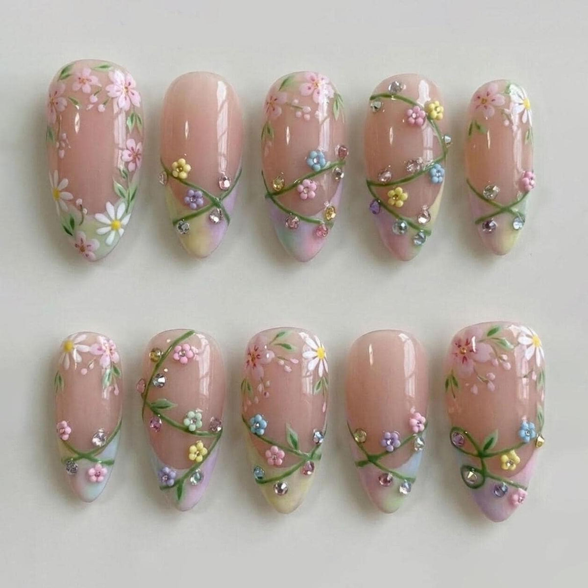 Nude Pink Spring Floral Press On Nails with Raised Pastel Flowers and Rhinestones