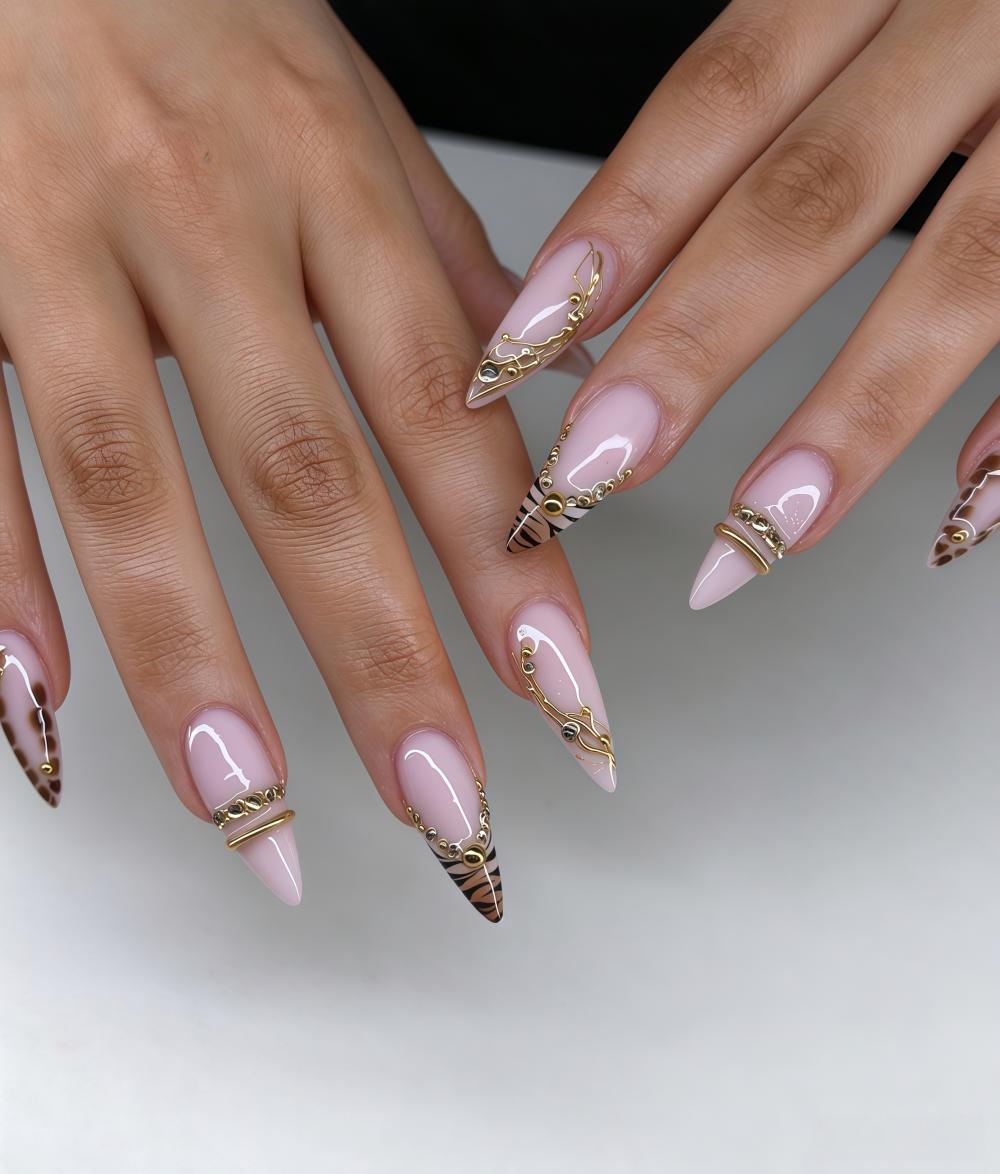 Nude Pink Tiger-Stripe Press On Nails With Gold Chain Details