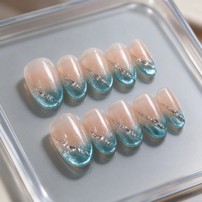 Nude Pink to Teal Blue Ombre Cat Eye Press On Nails with Silver Glitter Lines