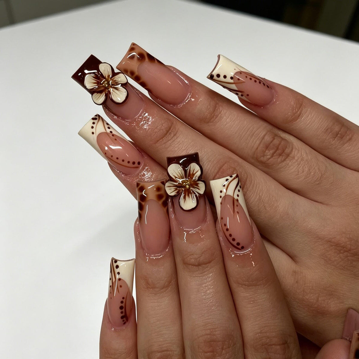 Nude Pink Tortoiseshell French Tip Nails With 3D Cream Flowers