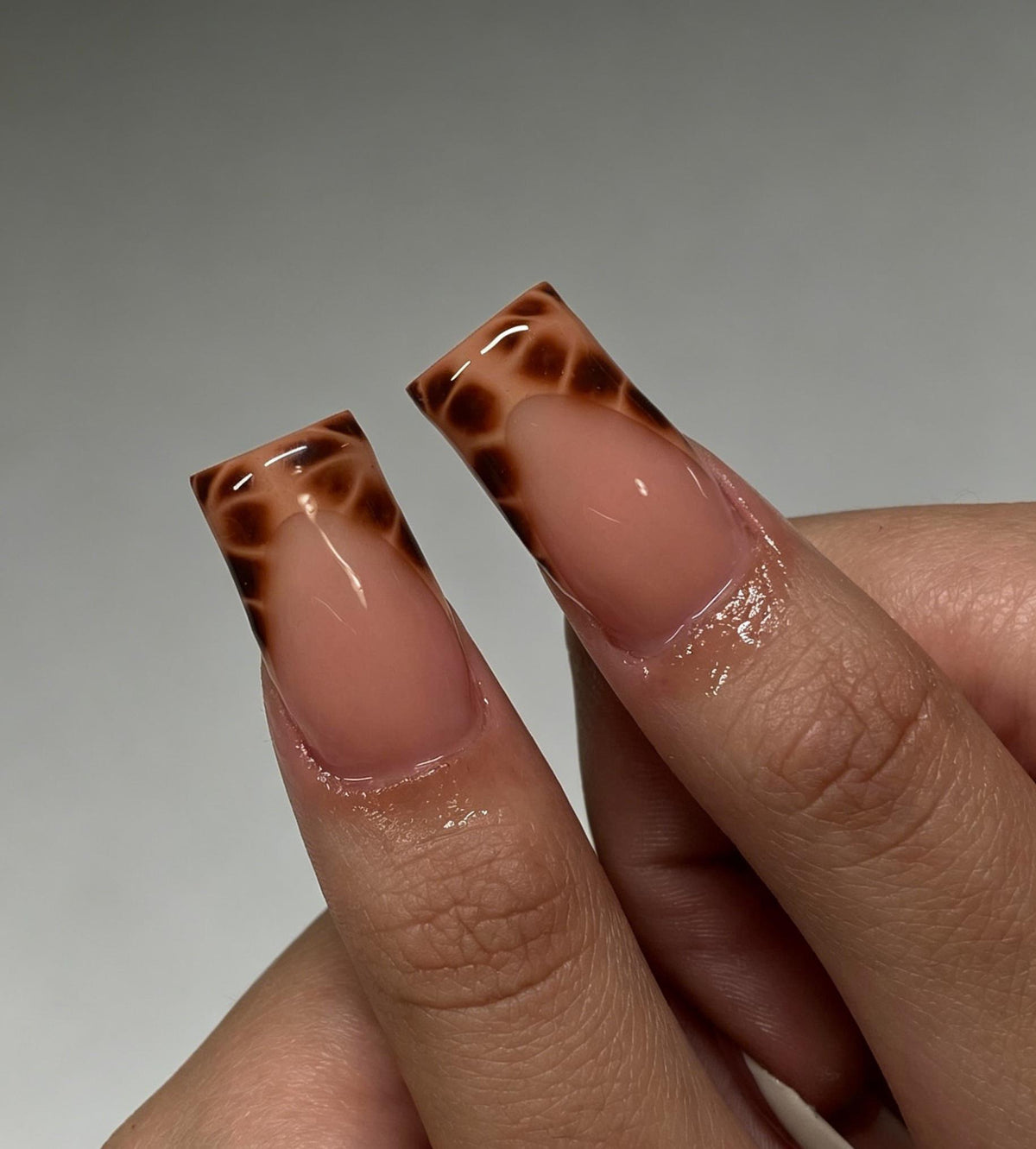 Nude Pink Tortoiseshell French Tip Nails With 3D Cream Flowers