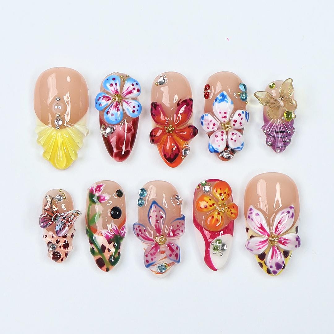 Nude Pink Tropical Flower and Butterfly Press On Nails with 3D Details