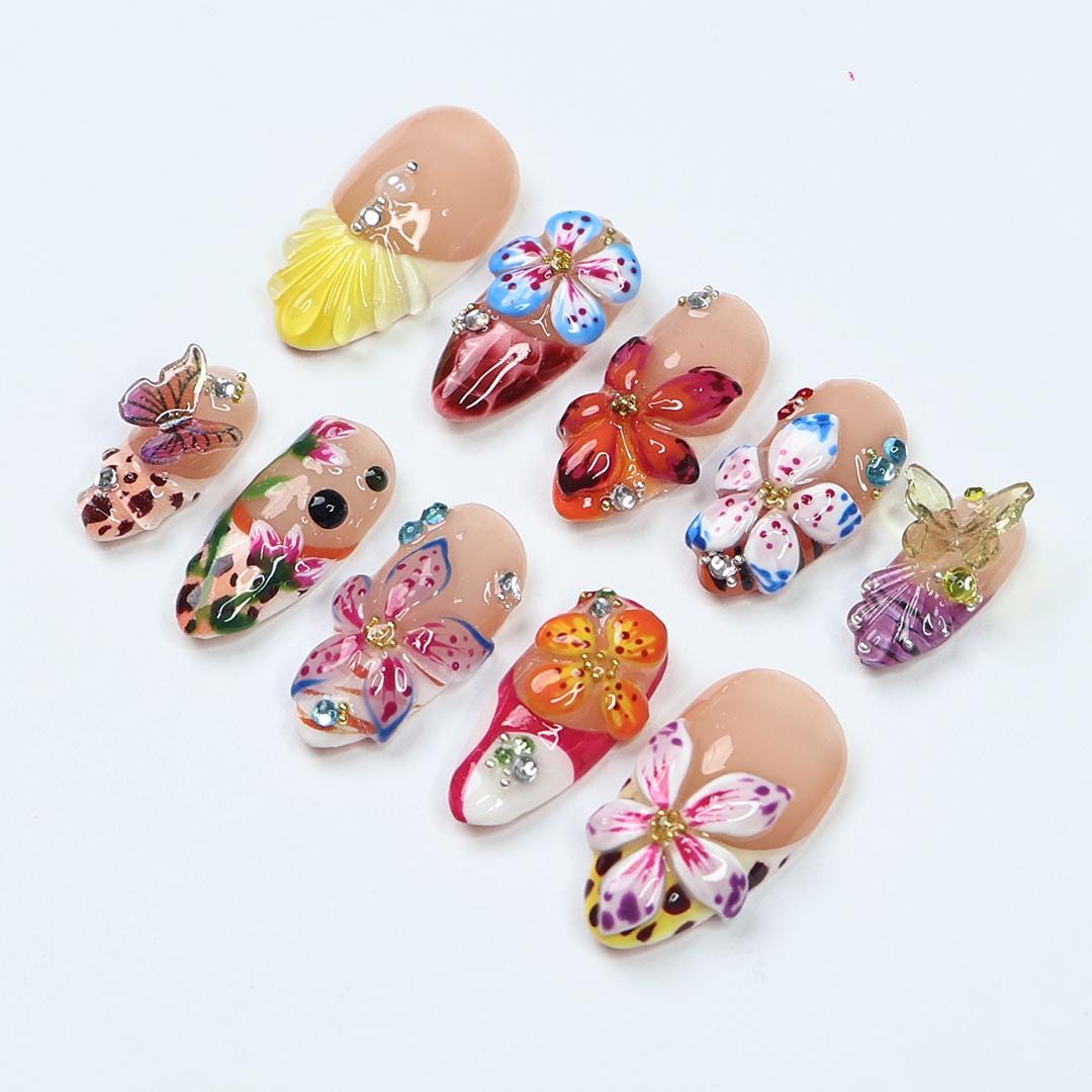 Nude Pink Tropical Flower and Butterfly Press On Nails with 3D Details