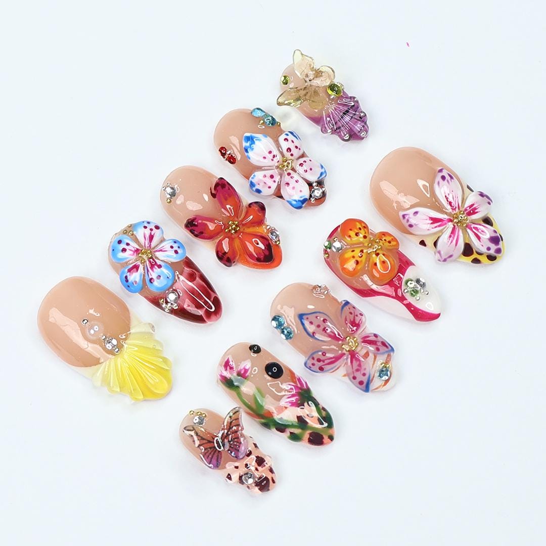Nude Pink Tropical Flower and Butterfly Press On Nails with 3D Details