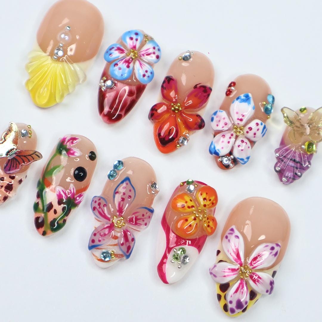 Nude Pink Tropical Flower and Butterfly Press On Nails with 3D Details