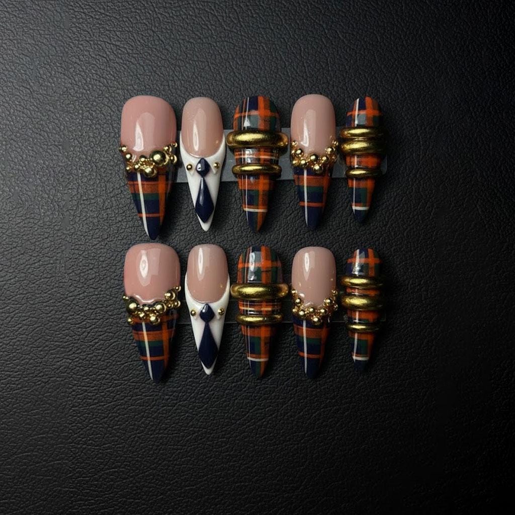 Nude Plaid Press On Nails with Navy Tie Details and Gold Bead Accents