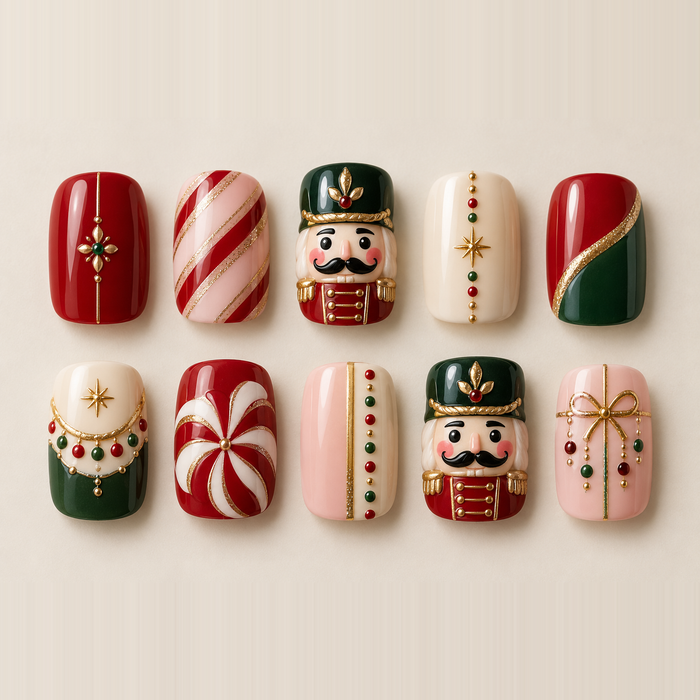Nutcracker and Peppermint Holiday Press On Nails