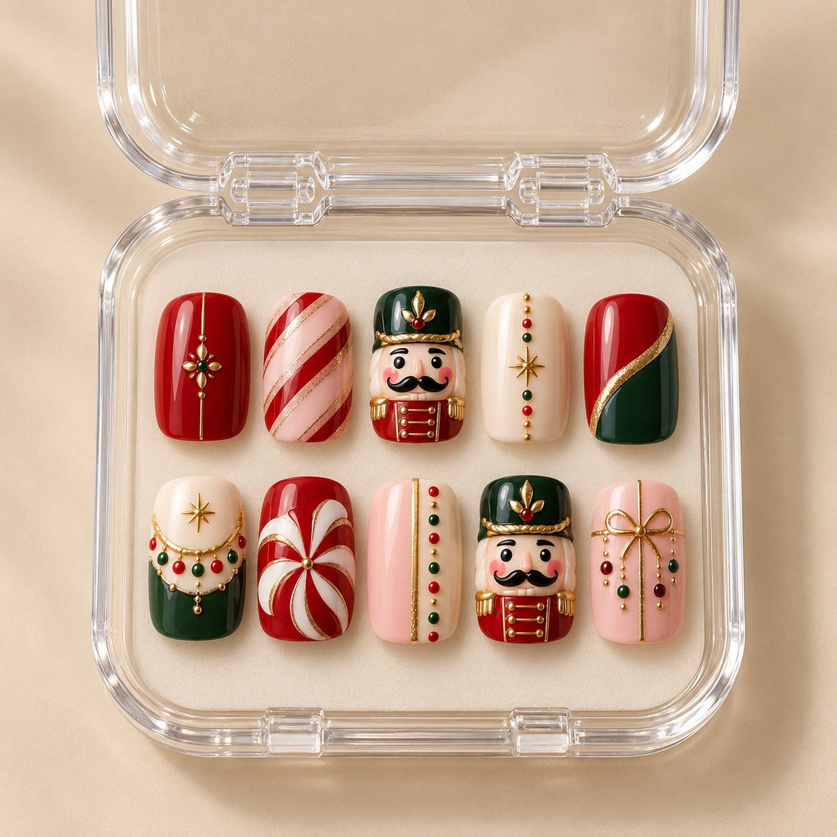 Nutcracker and Peppermint Holiday Press On Nails in clear acrylic storage box
