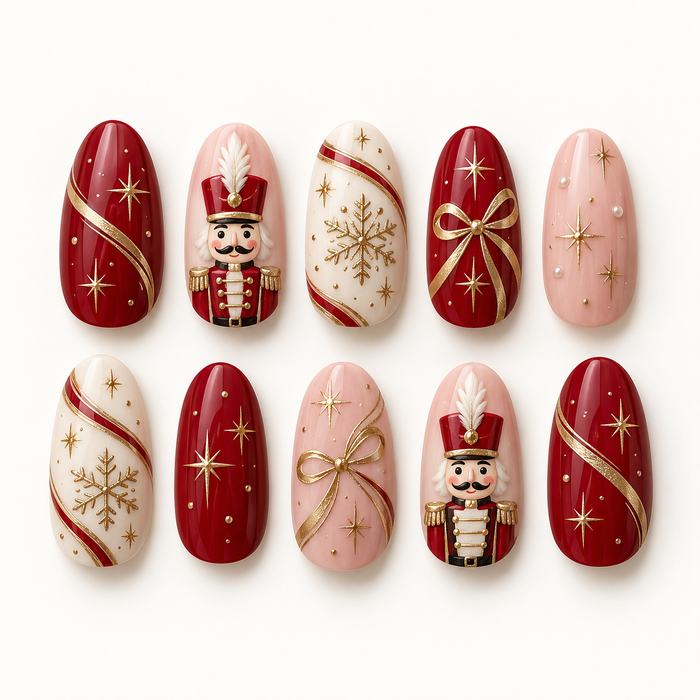 Nutcracker Christmas Press On Nails With Gold Snowflakes, Stars, and Bows