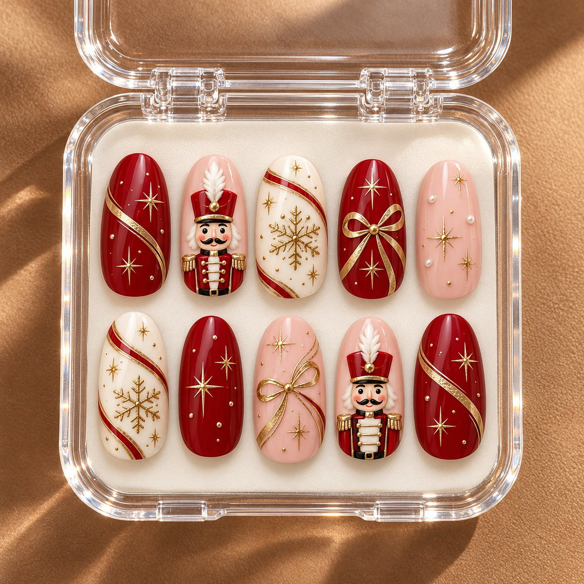Nutcracker Christmas Press On Nails With Gold Snowflakes, Stars, and Bows in clear acrylic storage box
