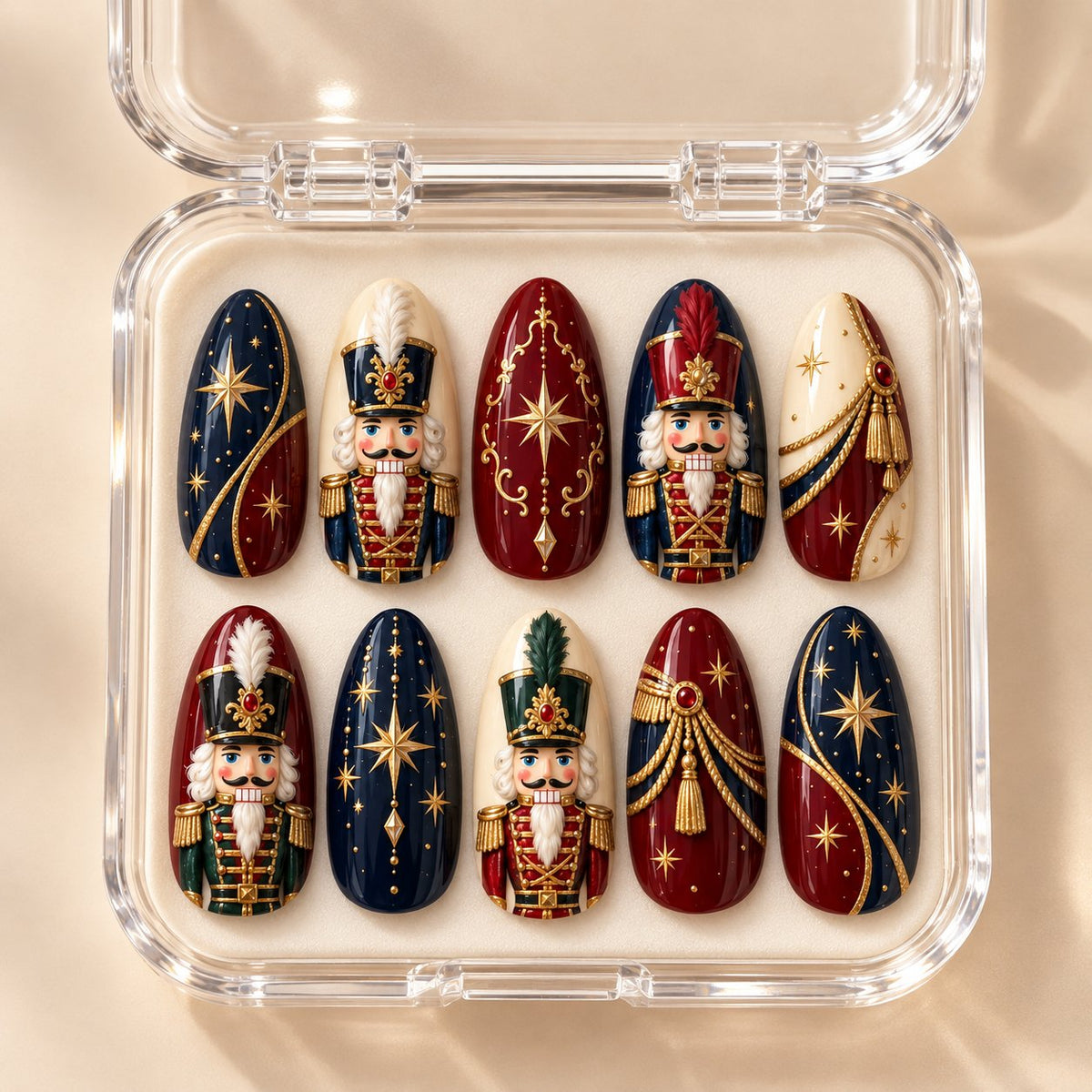 Nutcracker Parade Navy and Cranberry Holiday Nail Set in clear acrylic storage box