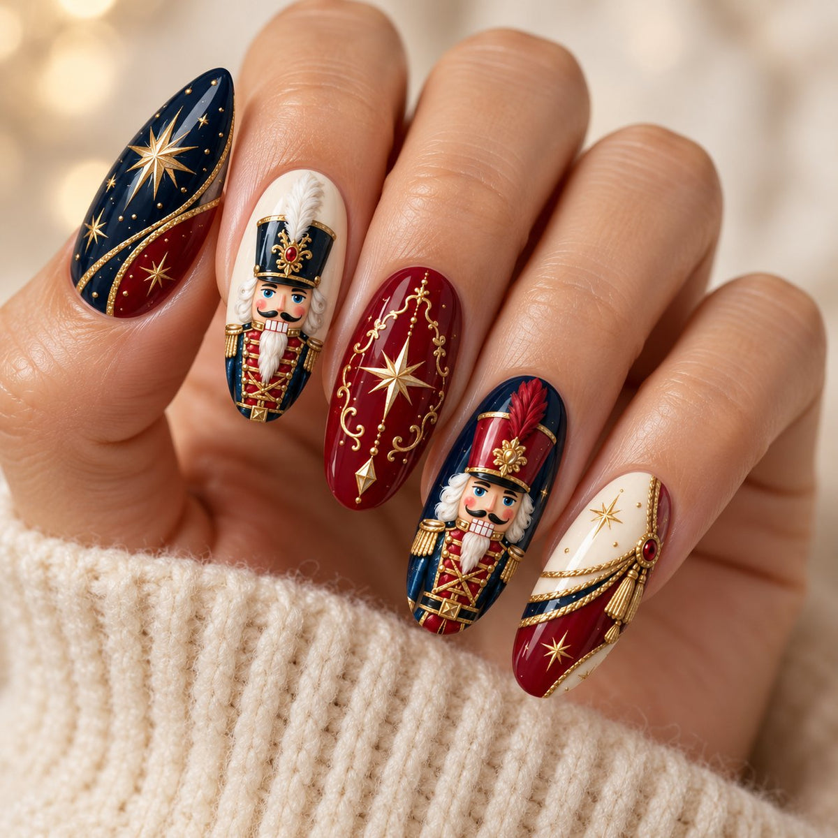 Nutcracker Parade Navy and Cranberry Holiday Nail Set worn on hand