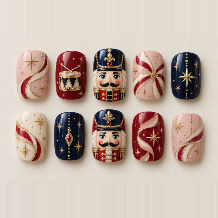 Nutcracker Parade Press On Nails With Cranberry Ribbons and Gold Stars