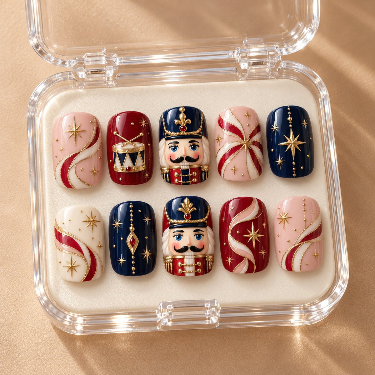 Nutcracker Parade Press On Nails With Cranberry Ribbons and Gold Stars in clear acrylic storage box